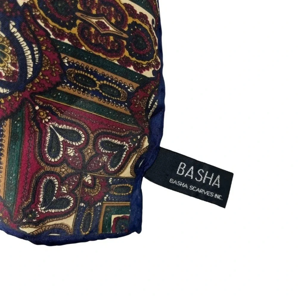 Basha Silk Scarf Navy Blue Burgundy Paisley Medallion Square Hand Rolled 31x30